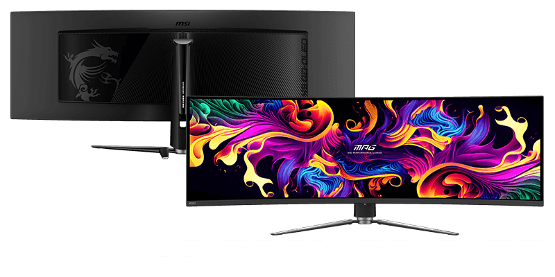 MSI MPG 491CQPX QD-OLED 49-inch monitor with 5120×1440 DQHD resolution, immersive 32:9 ultrawide display, vibrant colors and deep blacks.